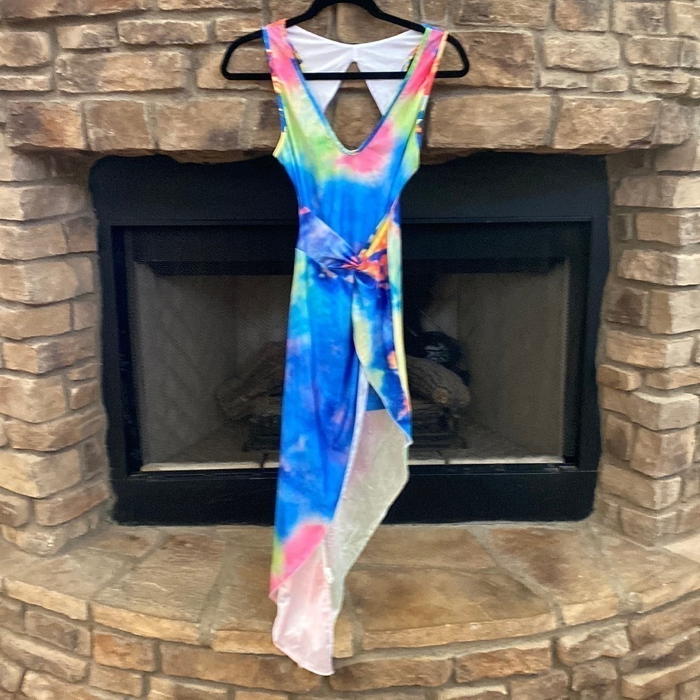 Colorful sleeveless blue, pink, green dress.